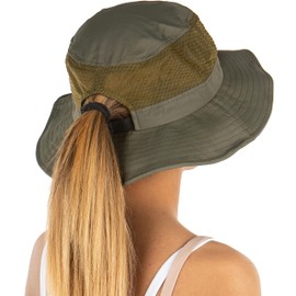 Funky Junque Ponytail Sun Hat w/Removable Chin Strap - Olive