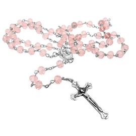 Nazareth Store Light Pink Crystallized Beads Rosary Necklace Holy Soil Medal and Cross Crucifix