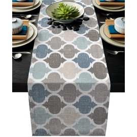 Modern Moroccan Plaid Cotton Linen Table Runner Quatrefoil Geometric Pattern Non-Slip Burlap Rectangle Tablecloths Decor for Wedding Party Holiday Dinner Home ,Blue Beige Grey Brown,13x90 inch Long
