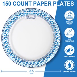 Clawsoff 150 Count 8.5 Inch Paper Plates Bulk, Cut Proof Heavy Duty Paper Plates, Soak Proof Dessert Plate, Disposable Dinner Plate for Party, Birthday and Picnic