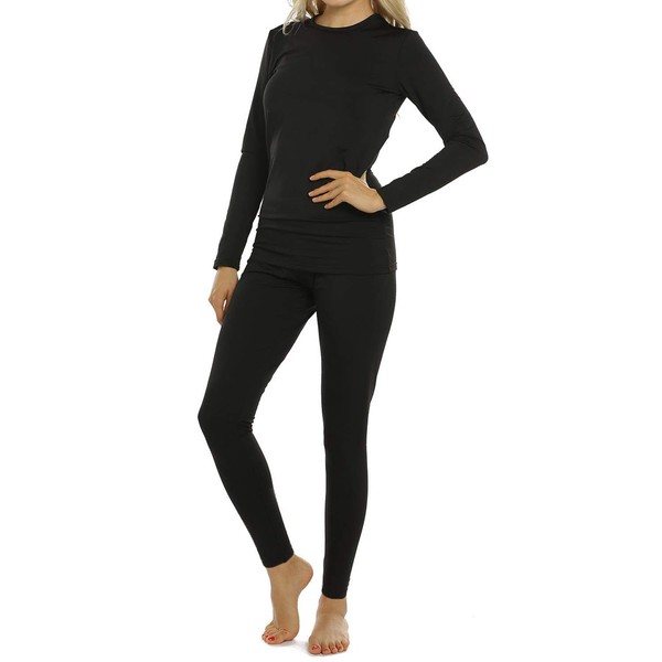 ViCherub Womens Thermal Underwear Set Long Johns Base Layer Fleece Lined Cold Weather Soft Top Bottom Black 2XL
