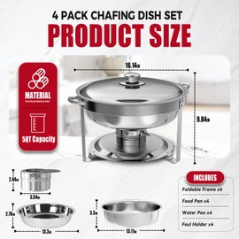 IMACONE Chafing Dish Buffet Set 4 Pack, 5QT Round Stainless Steel Chafer for Catering, Upgraded Chafers and Buffet Warmer Sets with Food & Water Pan, Lid, Frame, Fuel Holder for Event Party Holiday