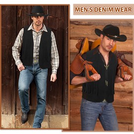 7 Piece Cowboy Fancy Dress Accessory Set for Men, Western Cowboy Costume with Hat Tassel Vest Paisley Bandana Western Bolo Buckle Belt Holster for Carnival Fancing Cosplay (Style 4, M)