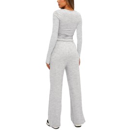 Darong Women's 2 Piece Lounge Sets Long Sleeve Tops Wide Leg Pants Casual Outfits Pajama Set Fall Collection 9065A White Grey L