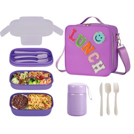 Abenptox Bento Lunch Box Set for Kids, with 10oz Soup Thermo, Leak-Proof Food Containers, Insulated Nylon Preppy Lunch Bag with Adjustable Strap for Girls School Travel Picnic
