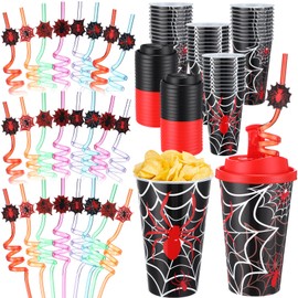 Yungyan 24 Sets Spider Party Favors Goodie Cups with Lids and Straws for Birthday Decorations Reusable 16oz Plastic Candy Cups Plastic Straws for Birthday Party (Spider)