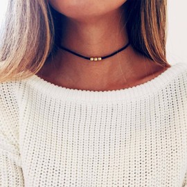 Xmsrn Vintage Suede Necklace Gothic Leather Necklace Black Velvet Choker Necklace Gold Beads Chain Necklace Retro Velvet Necklace Jewellery for Women and Girls, Zinc, No Gemstone