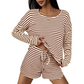 Ekouaer Waffle Knit Pajamas Sets Waffle Long Sleeve Shorts Lounge Set Striped Matching Pj Set for Women Brown/White M