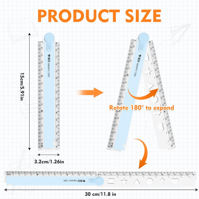 Ershyi 2 Pcs Ruler 30cm Folding, Transparent Foldable Ruler, Plastic