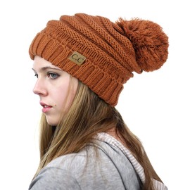 C.C Pom Pom Oversized Baggy Slouchy Thick Winter Beanie Hat - Rust