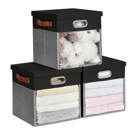 Roobyl Fabric Storage Cubes with Clear Windows and Lids 11'' Foldable Storage Bins with 3 Handles, Decorative Storage Boxes for Home, Bedroom, Closet, Office (Black&Gray)