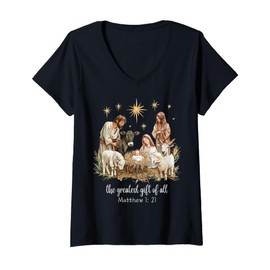 Womens The Greatest Gifts For All Christmas Nativity Jesus Christ V-Neck T-Shirt