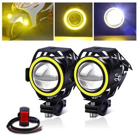 X-STYLE U7 Motorcycle Fog Lamp, 4 Modes Switching, Squid Ring/Hi/Lo/Strobe, Projector, 12 V, 24 V, Universal LED, IP67 Waterproof, White + Yellow with Switch Set of 2