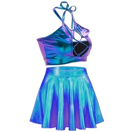 SFBBCLOZ Women's Rave Outfit Sets For Women Festivals 2 Pcs Metallic Tops long Skirt EDM Party Club Holographic Rave Outfits Blue L
