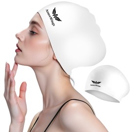 AzureWings Large Swim Cap for Women Men, Swimming Caps for Long Hair Adults Youths,Silicone Swim Hats Bathing Caps to Keep Hair Dry (White-L)