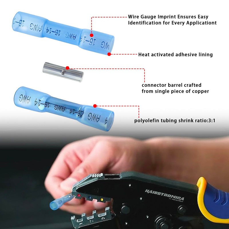 Heat Shrink Butt Wire Connectors, 100Pcs 16-14 AWG Blue Insulated