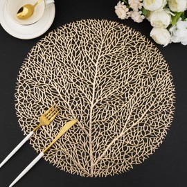 Evevda Gold Round Placemats for Dinner Table Set of 6 No-Slip Wipeable Tree Pattern Table Mats Metallic Plastic Vinyl Place Mats for Anniversary Daily Use Daily Use(Dia:15inch/38cm)