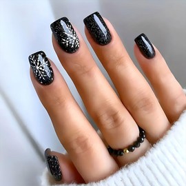 FULANSI Christmas Press on Nails Short Square Fake Nails with Black Glitter Snowflake Designs Glossy Acrylic False Nails Full Cover Glue Stick on Nails for Women Xmas New Years Decor 24 Pcs