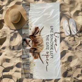 FIicy Highland Cow Western Beach Towel, Rustic Highland Cow Pool Towels, Rustic Cottagecore Large Beach Bath Travel Towels for Camping, Western Country Cows Bathroom Accessories Decor, 30x60in