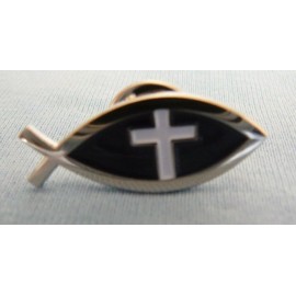 CHRISTIAN PIN FISH W/WHITE CROSS,  SILVER TONE STAMPED BRONZE SOFT ENAMEL