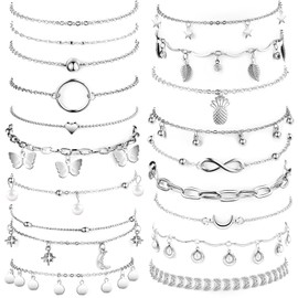 Otuuz 18 Pcs Shiny Silver Anklets for Women Set Waterproof Boho Adjustable Ankle Bracelet Summer Silver Ankle Chain Vintage Layered Anklet Beach Foot Jewelry, 8.66 Inches