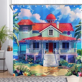 Monalivest Cartoon Hawaii House Curtain for Bathroom Luau Aloha Summer Sea Beach Tropical Palm Trees Home Decorations Sets with 12 Hooks Waterproof Polyester 72" x 72"