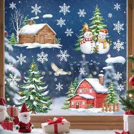 Winter Pine Tree Window Clings Snowman Winter House Xmas Snowflake Merry Christmas Static Clings, Double-Side Window Decals for Holiday Decorations Home Decor Party Supplies