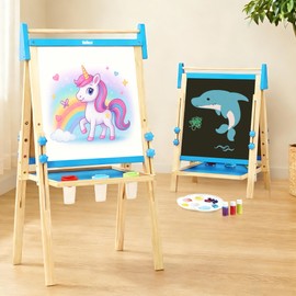 Belleur Wooden Art Easel for Kids 2+, Adjustable Double Sided Easel for Toddlers with Dry-Erase Board & Magnetic Whiteboard & Paper Roll Rod, 28"-40" Height Learning Toys, Gift for Child - Blue