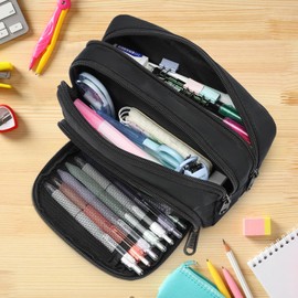 XQXA Pencil Pouch Large Capacity Pencil Case Organizer, Multifunctional Pen bag with 3 Compartmens, Big Pencil Bag for Office Travel Men Women Adult (01-Black)