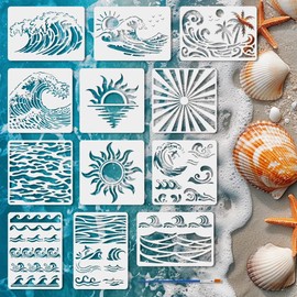 FINGERINSPIRE 12PCS Sunrays Wave Stencils for Painting with Brush 2 Sizes Reusable Sunlight Sunset Sunrise Template Hollowed Sea Wave Coco Trees Stencil Plastic PET Nature Theme Template for Decor