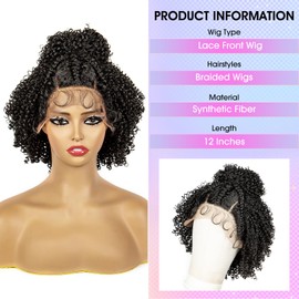 sedittyhair Synthetic Lace Frontal Braided Wigs with Curly Afro Cornrow Short Bob Box Braiding Hair Wigs with Baby Hair 12 Inches Black Braids Wig for American Black Women