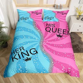 Homewish His And Her Duvet Cover Set King And Queen Bedding Set For Couple Blue Pink Spiral Swirl Stars Stripes Comforter Cover Set Romantic Valentines Presents Single Size