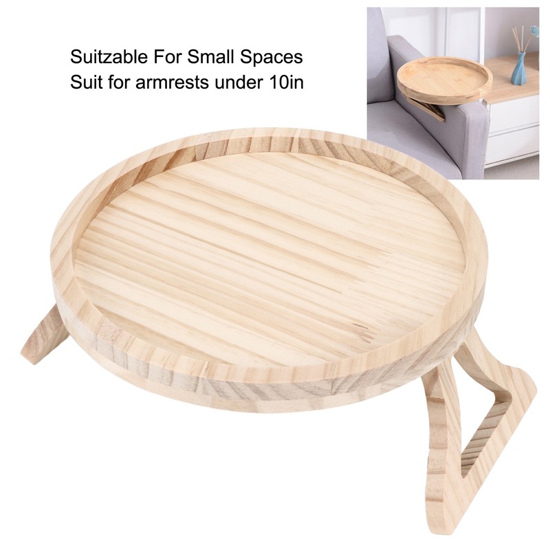 Clip On Tray Natural Bamboo 9.8in Round Home Couch Sofa