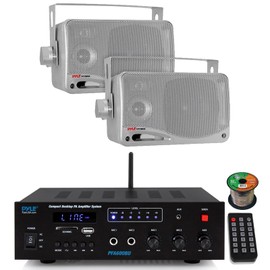 Pyle PFA600BU Compact Bluetooth USB AUX FM Radio Public Address Amplifier Receiver System Combo Bundle with 2X 3.5'' 200W Max Power 3-Way Weather Proof Mini Silver Box Speakers, 16 Gauge Speaker Wire