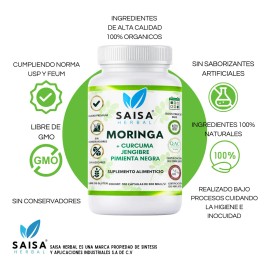 Moringa Cúrcuma Jengibre Pimienta Negra 100 Cáps Saisa Herbal Inmunidad Desinflamación Natural Potenciado