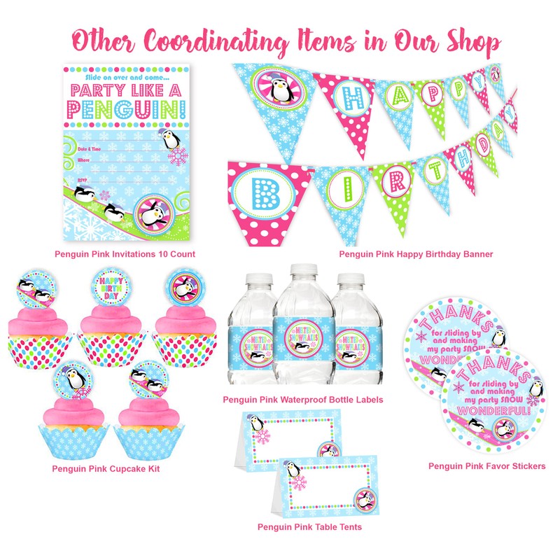 Penguin Party Invitations - 10 Invitations 10 Envelopes - Pink