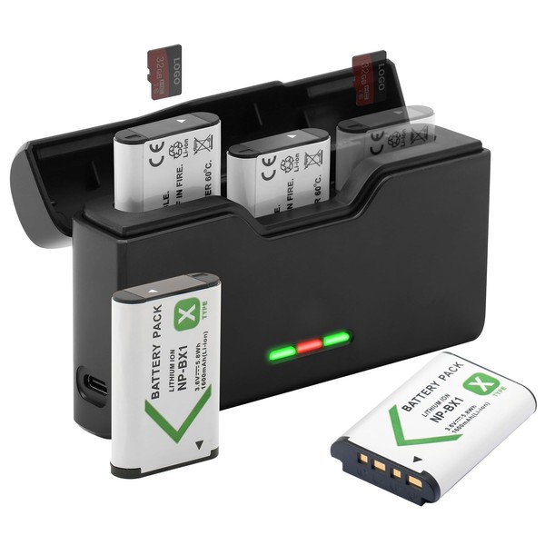 NP-BX1 Battery（2 Pack） and 3-Channel USB Battery Charger Set for Sony NP-BX1 /M8 Cyber-Shot ZV-1 ZV-1 II HX90V HX95 HX99 DSC-HX80 RX1 RX1R II RX100 (II/III/IV/V/VA/VI/VII) HDR-AS50 FDR-X3000