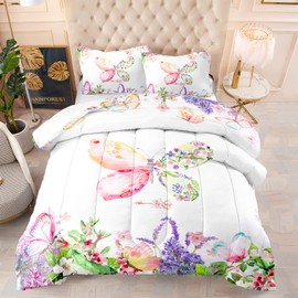CVHOUSE Butterfly Comforter Set Twin Size,Flower Butterfly Bedding Set for Girls,Floral Butterfly Quilt Set Butterflies Duvet Set Girl's Bedroom Decor 3 Pieces