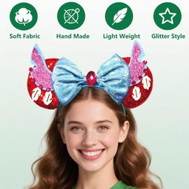 Mouse Ears Headband - Cute Pink Sequin Blue Bow Alien Ears Hairband Hair Hoop for Girls Women Princess Dress Birthday Party Decorations Fun Dress-Up Favor Hair Accessory, One Size