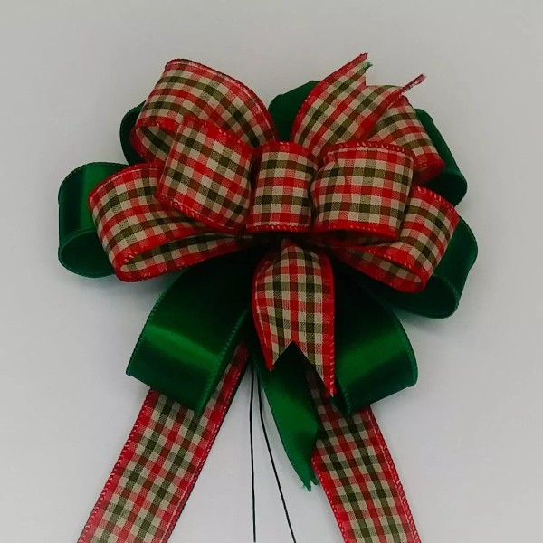 Handmade Christmas Bow, Wreath Bow, Red and Green Gingham, Emerald