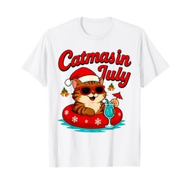 Catmas In July Cat & Santa Hat On Float Christmas In July Men Women Girls Kids T-Shirt
