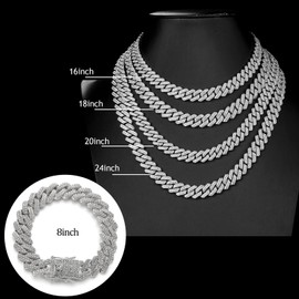 JUNVirtuous Cuban Link Chain for Women,3 Pieces Diamond Cuban Link Chain Necklace Bracelet Earrings Iced Out Chain Silver/Gold Bling Hip Hop Jewelry for Women(18 Inch, Silver)