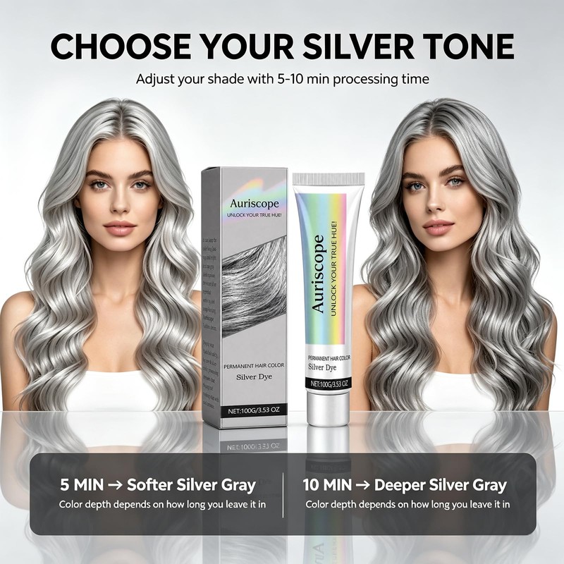 Silver Hair Dye, Metallic Silver Gray Hair Color for Bleached