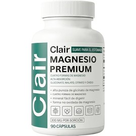 Clair Magnesio Premium, Clair Magnesio, Suplemento de alta absorción, Ingredientes sin OGM, Sin Gluten ni SOJA, Apto para veganos, Suave para el estómago, 90 cápsulas. (1 artículo)