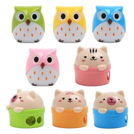 Opexicos 8Pcs Stationery Double Holes Pencil Sharpener Cartoon Cat and Owl Plastic Color Randomly