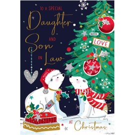 Daughter and Son-in-Law Christmas Card - Polar Bear Couple and Christmas Tree - Contemporary Artistic Festive Design - Special Finishes and Illustrated Insert Leaf - Made in the UK