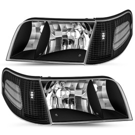 JSBOYAT Headlight Assembly Replacement w/Corner Lights 4pcs for 98 to 11 Ford Crown Victoria Headlamp (Black Housing with Clear Reflector)