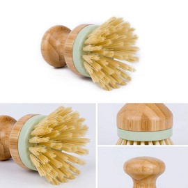 2PCS Bamboo Round Mini Palm Scrub Brush, Natural Bamboo Stiff Bristles Wet Cleaning Scrubber - Wash Cast Iron Pots, Pans, Vegetables - for Kitchen Sink, Bathroom, Household Cleaning