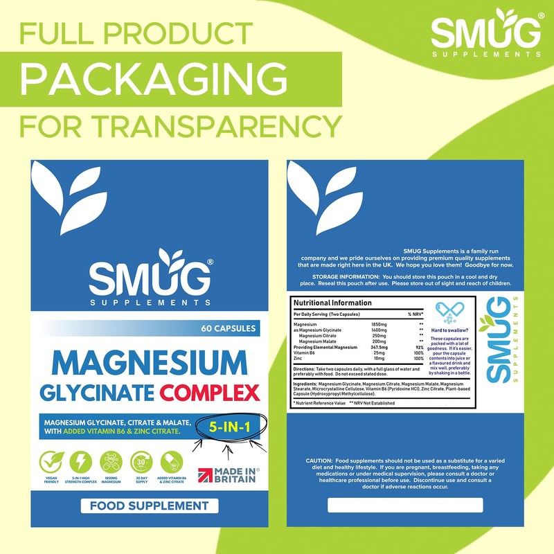 Magnesium Glycinate Complex British Made 5-in-1 by SMUG Supplements -