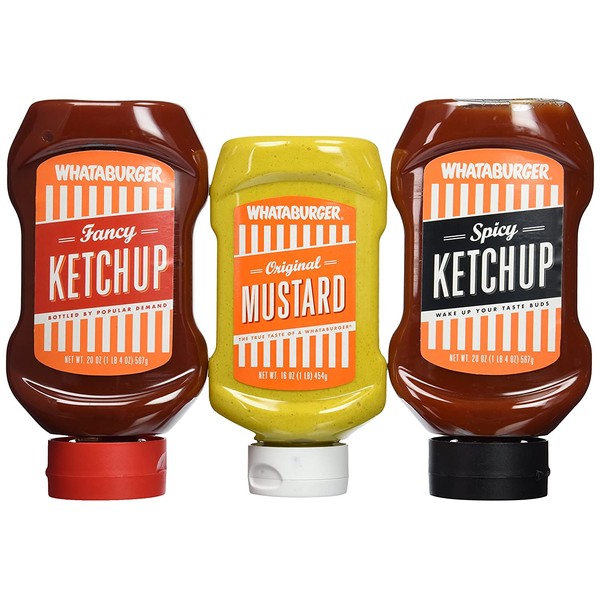 Whataburger Condiments (Pack of 3) (Trio Sampler Pack 1-Mustard 16oz, 1-Original and 1-Spicy Ketchup 20oz ea.)
